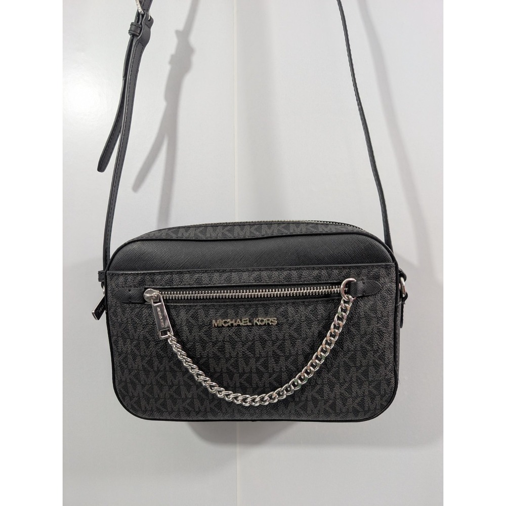 Michael Kors Jet Set Large Crossbody Bag Black Signature Monogram Chain Zipper